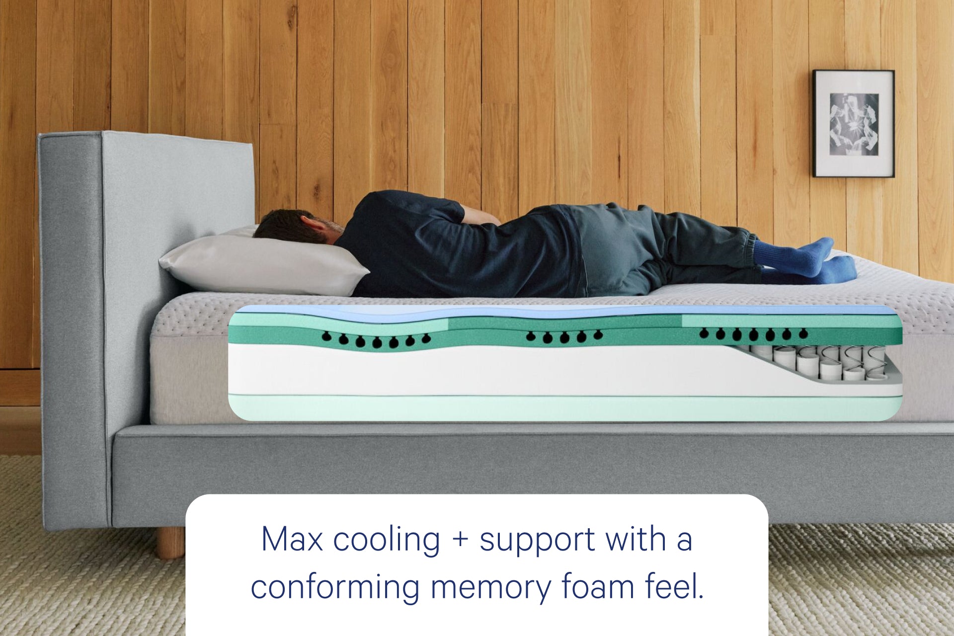 Person lying on Casper's Snow Max mattress with a graphic showing the inner layers of the mattress. Text on the image says "Max cooling and support with a conforming memory foam feel."