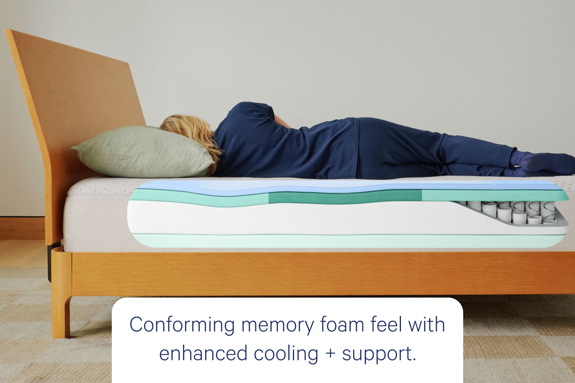 Person lying on Casper's Snow mattress with a graphic showing the inner layers of the mattress. Text on the image says "Conforming memory foam feel with enhanced cooling and support."