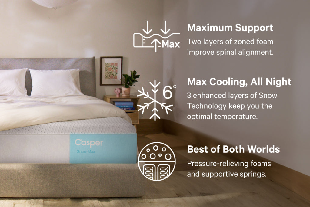 The Snow Max mattress combines the best of both worlds with pressure-relieving foams and supportive springs. It provides max enhanced support with zoned foam keeping you aligned in any position.  Three layers of Snow Technology provide 6 degrees of all night cooling.