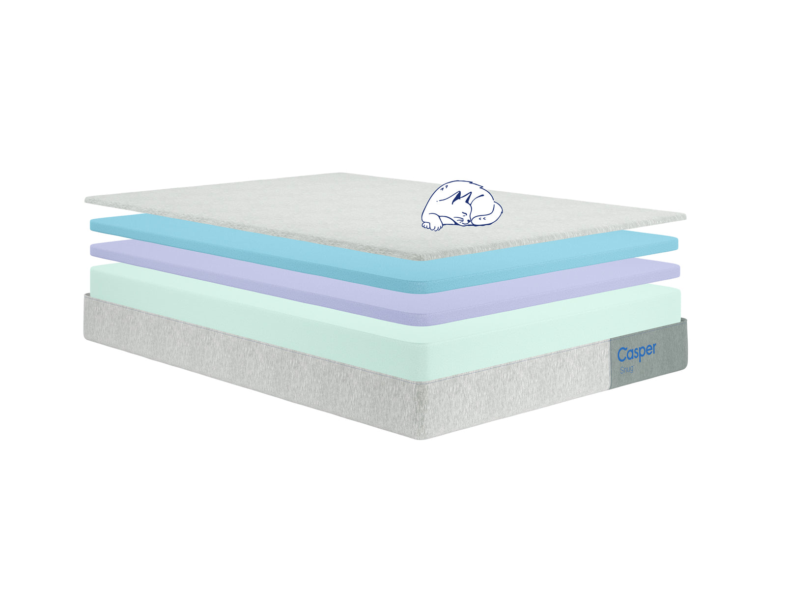Computer animated image of the multiple layers of Casper's Snug mattress.