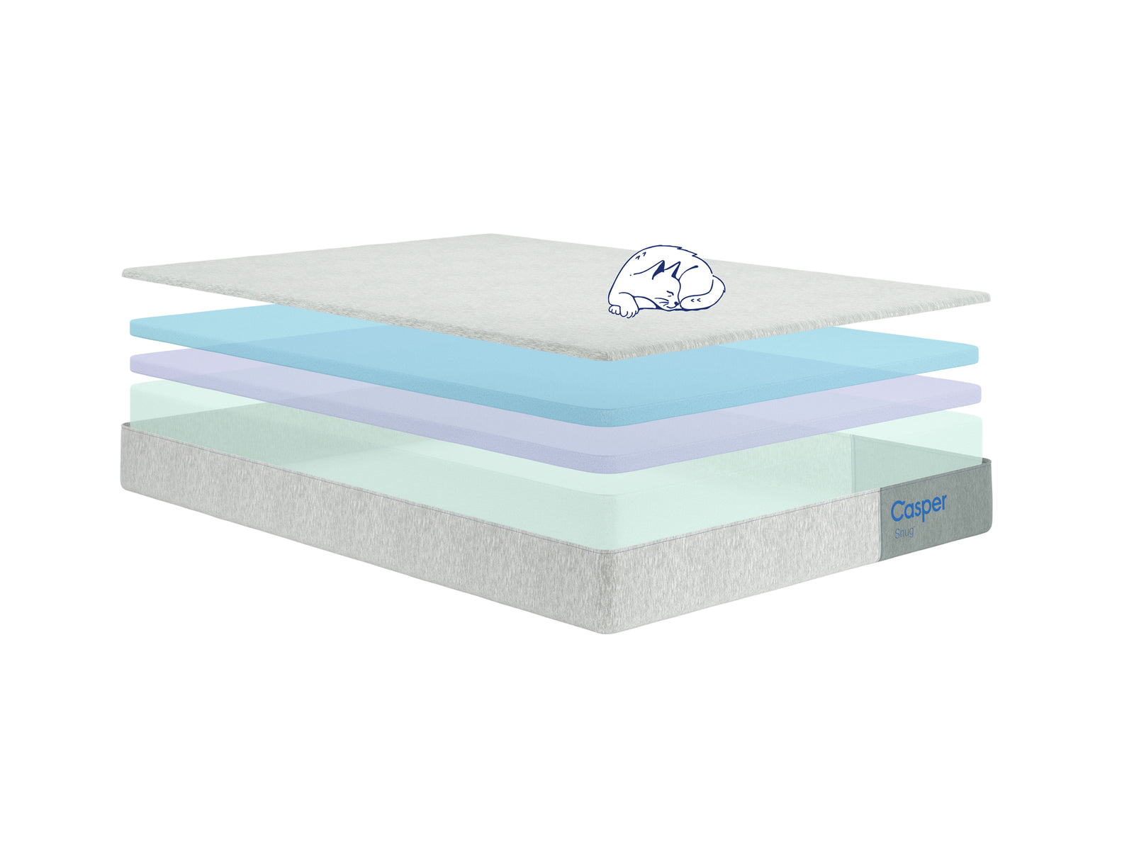 Computer animated image of the multiple layers of Casper's Snug mattress.