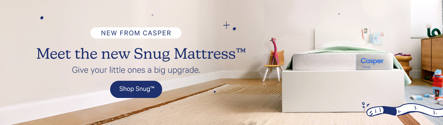 Advertisement for Casper Snug Mattress in a kids bedroom setting.. Text reads "New from Casper. Meet the new Snug Mattress™. Give your little ones a big upgrade. Shop Snug™.