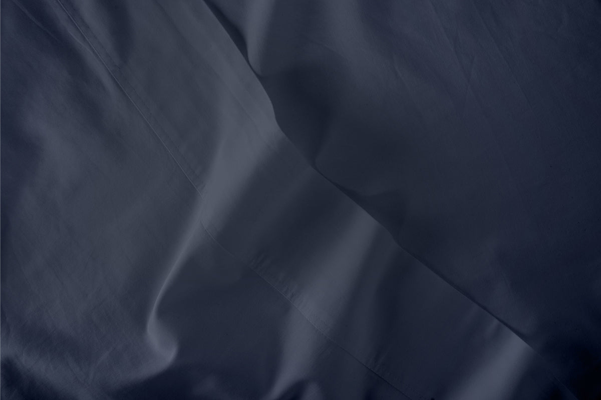 Close-up detail of an indigo bed sheet