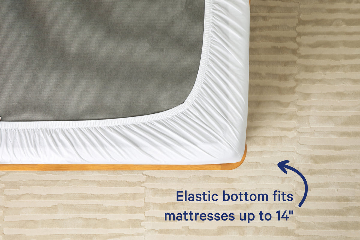 Underside view of a mattress with a white fitted sheet. Text on the image reads 'Elastic bottom fits mattresses up to 14 inches.'