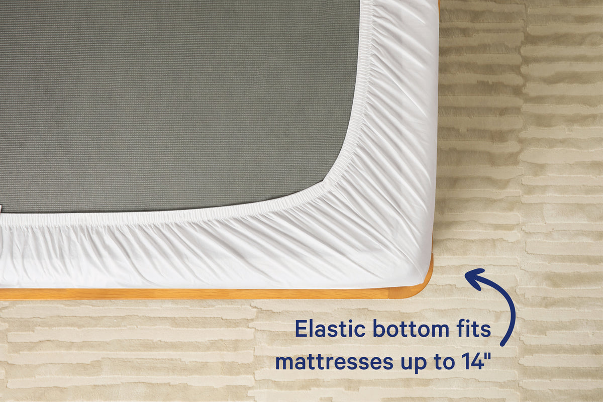 Underside view of a mattress with a white fitted sheet. Text on the image reads 'Elastic bottom fits mattresses up to 14 inches.'