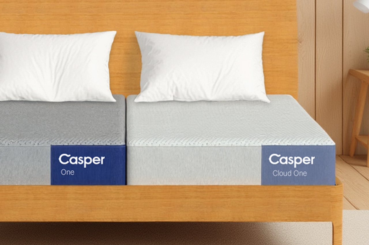 Two Casper mattresses, the One and the Cloud One, on a wooden bed frame with a headboard