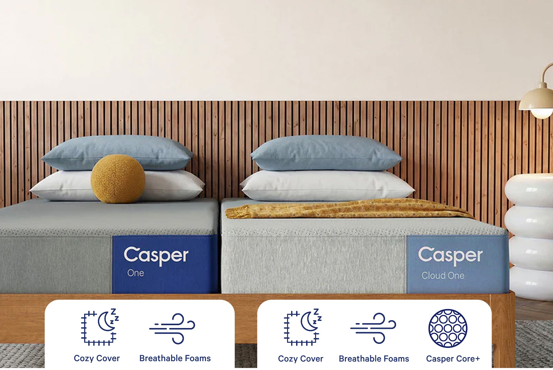 Two TwinXL Casper mattresses, The One and Cloud One, with pillows and a wooden headboard on a neutral background. Graphics and text under the mattresses indicate that both mattresses have a Cozy Cover and Breathable Foam layers. The Cloud One also utilizes Casper Core+.