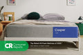 Casper's The One mattress on a bed frame with a blanket and pillows on top in a bedroom setting. At the bottom of the image is the Consumer Reports logo. The One is the top-rated all-foam mattress of 2025. See below to learn more. Consumer Reports does not endorse products or service.