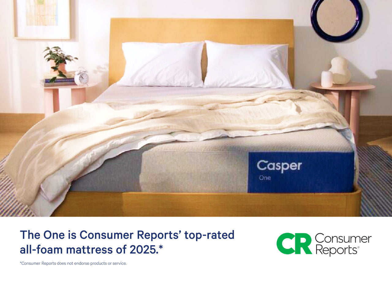 Front view image of the Casper One mattress on a bed with two pillows and a folded blanket on it. Beneath the image reads "The One is Consumer Reports' top-rated all-foam mattress of 2025." Consumer Reports does not endorse products or service.