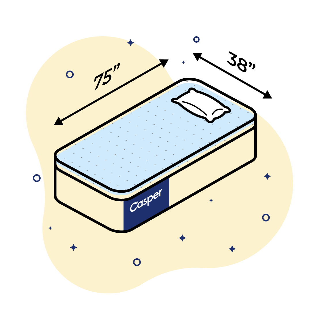 Illustration of a Twin size Casper mattress with dimensions of 75" x 38" on a beige background