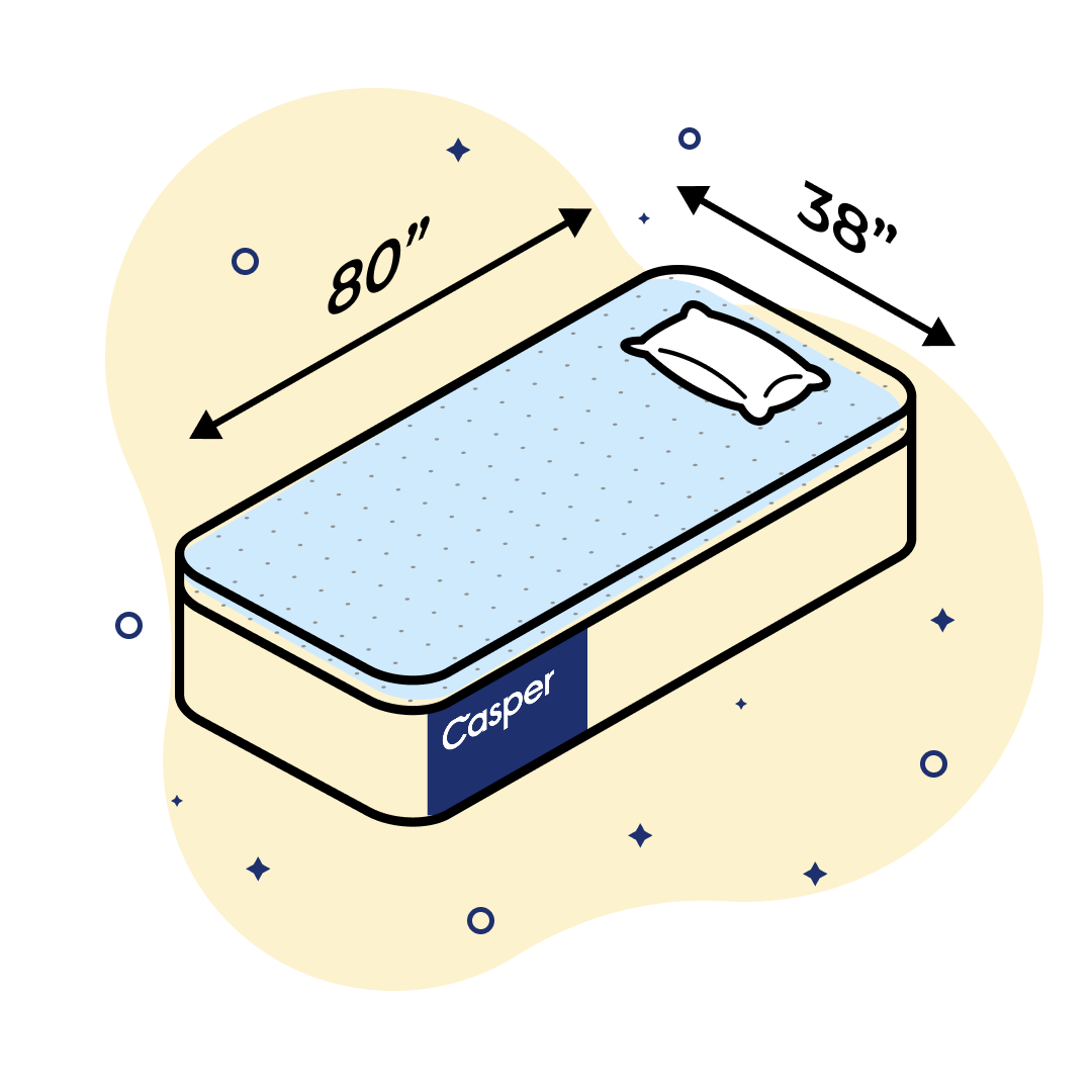 Illustration of a Twin XL size Casper mattress with dimensions of 80" x 38" on a beige background