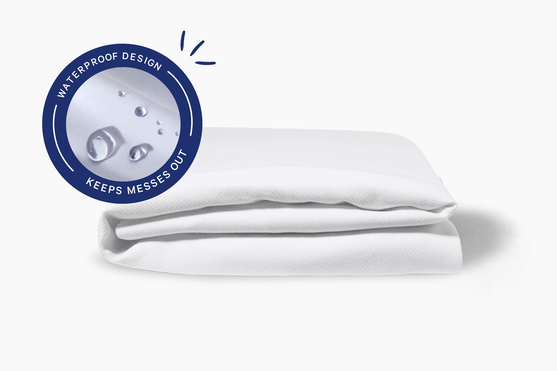 Folded, white, waterproof mattress protector with a waterproof design label on a white background. Keeps messes out.