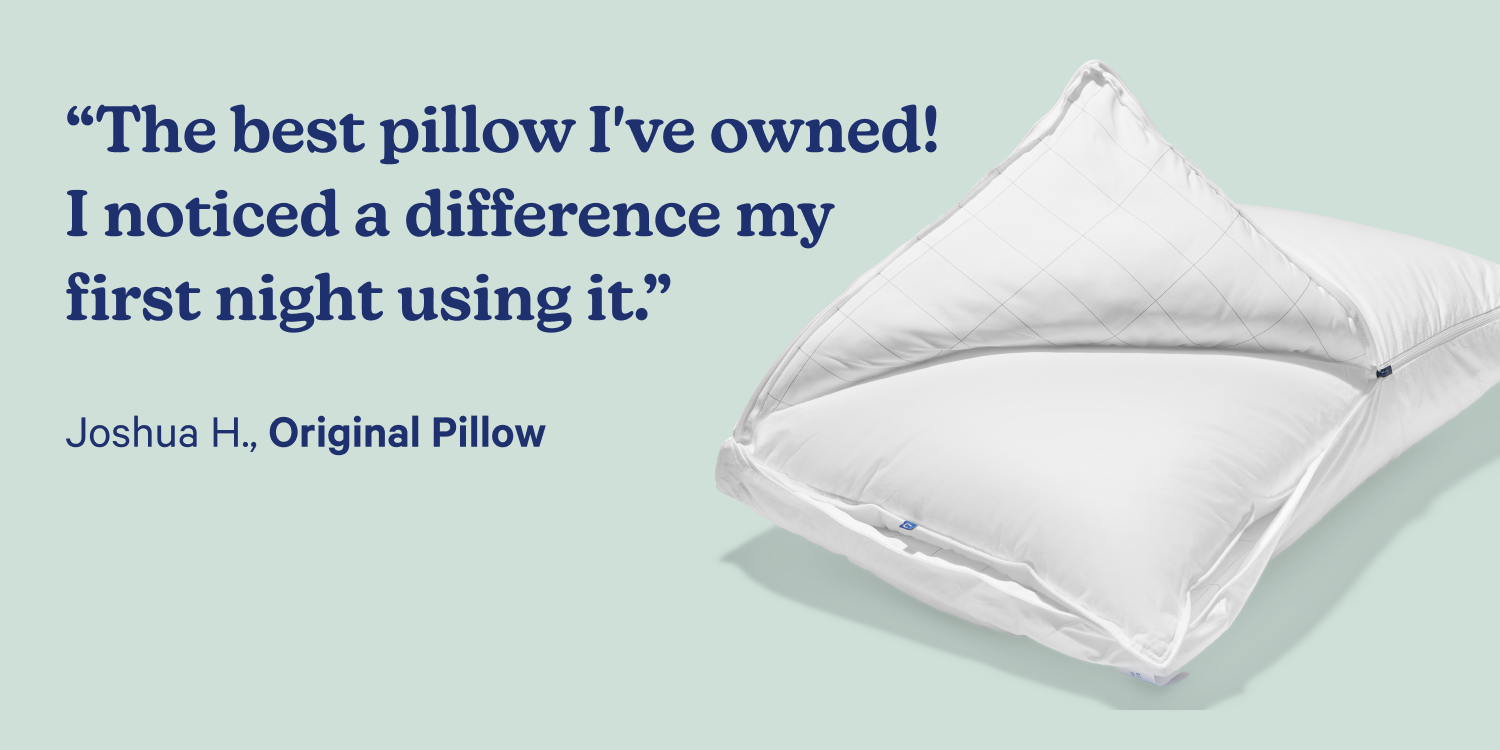 White pillow on a light green background. A shopper's review says "The best pillow I've owned! I noticed a difference my first night using it." Joshua H., Original Pillow.