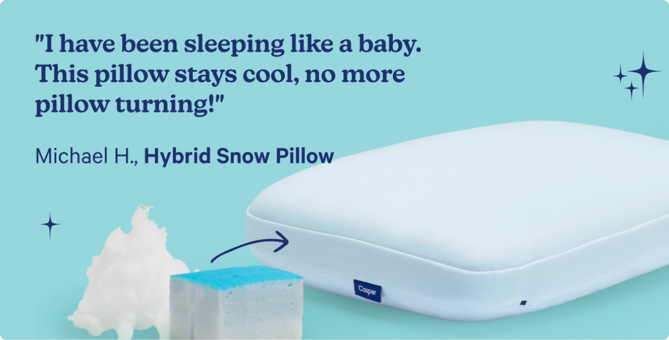 Hybrid Snow Pillow with cooling mechanism on a light blue background. A shopper's review says "I have been sleeping like a baby. This pillow stays cool, no more pillow turning!" Michael H., Hybrid Snow Pillow.