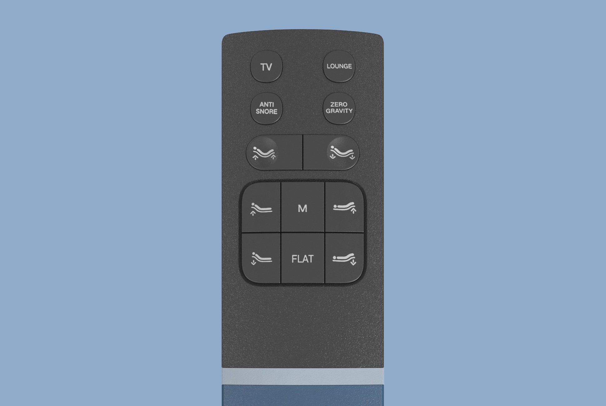 The buttons and features of the Adjustable Base remote including head lift, foot lift, and zero gravity.
