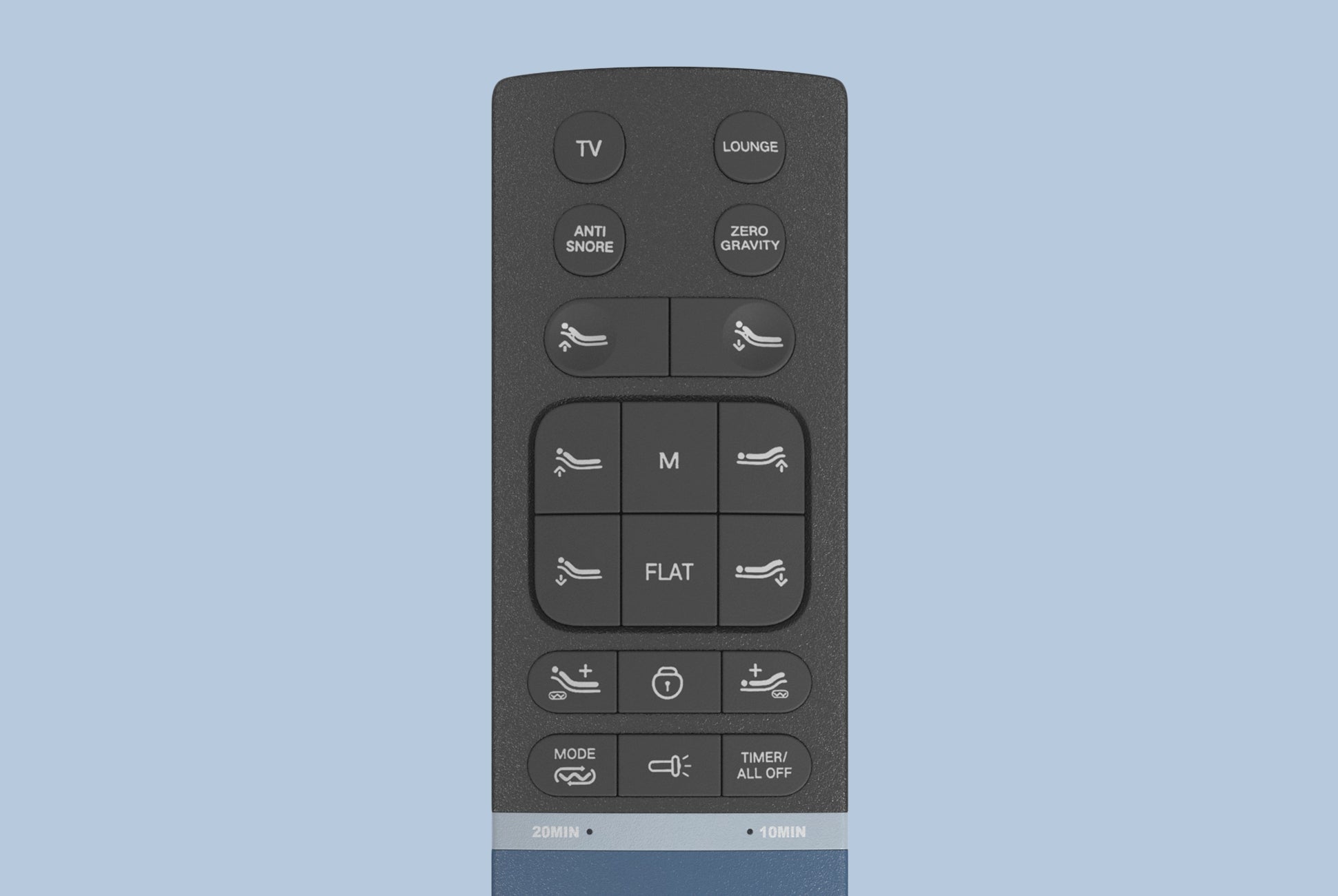 The buttons and features of the Adjustable Base Pro remote including adjustable lumbar support, 3-level massage, and zero gravity.