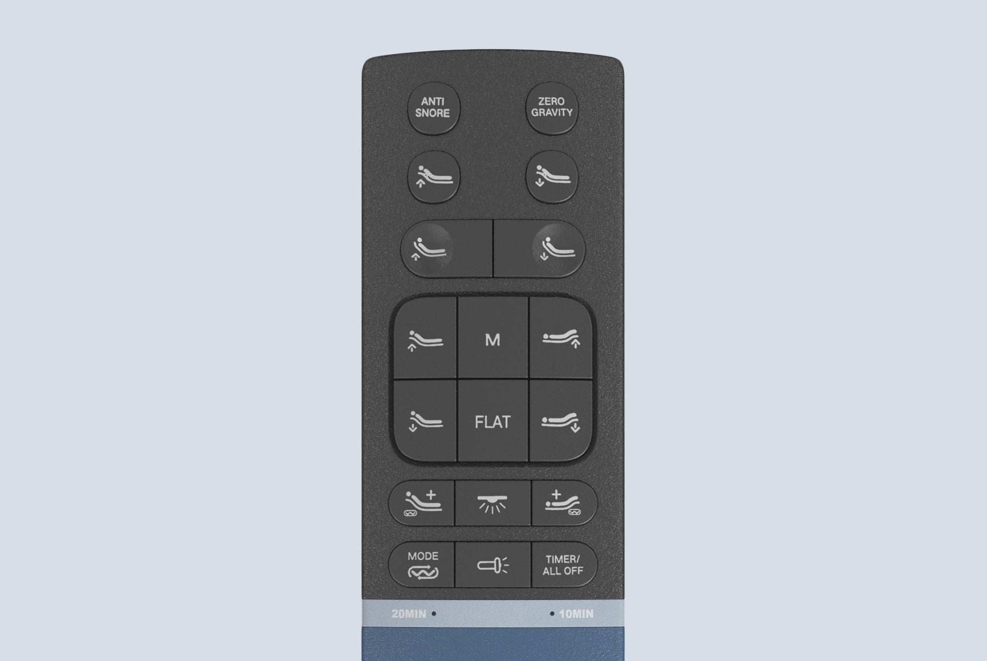 The buttons and features of the Adjustable Base Max remote including pillow tilt, adjustable lumbar support, and adaptive lighting.