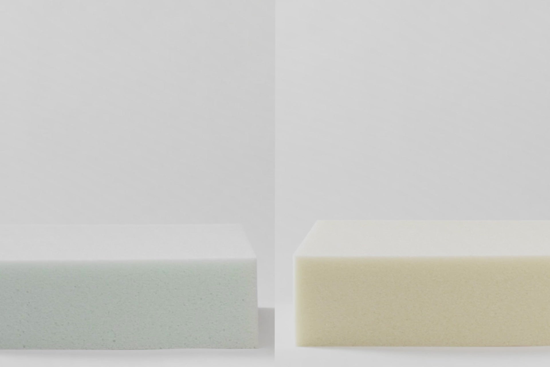 Video split in half showing a metal ball falling onto two different mattress foams. The one on the right sinks immediately, but the one on the left bounces a few times before stopping.