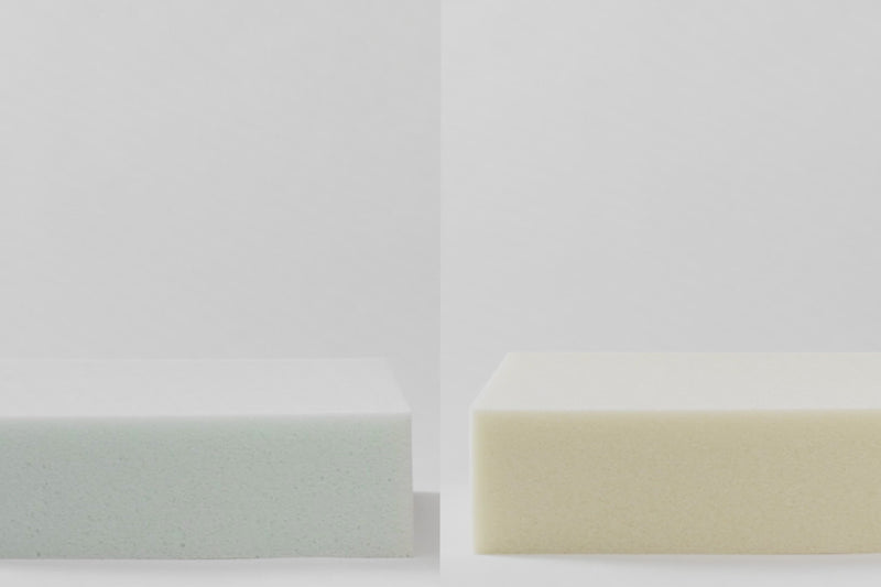 Video split in half showing a metal ball falling onto two different mattress foams. The one on the right sinks immediately, but the one on the left bounces a few times before stopping.